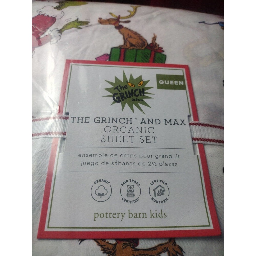 Pottery Barn ~Dr. Seuss's The Grinch & Max Organic Sheet Set Queen - Picture 5 of 6